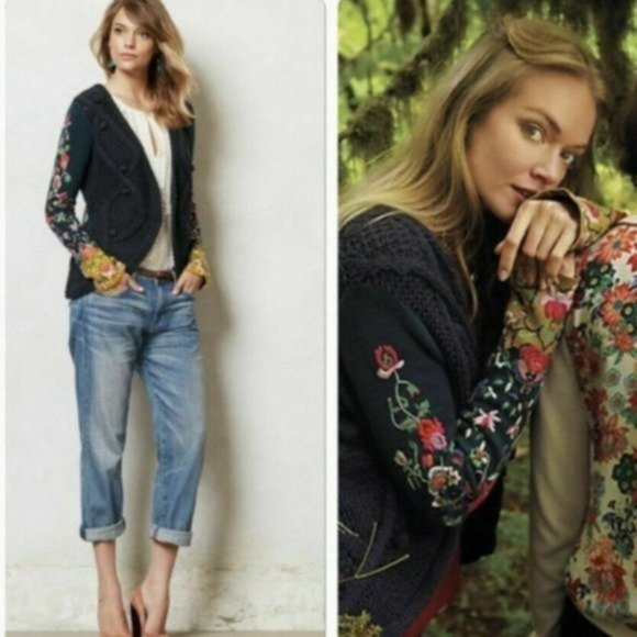 Rare ANTHRO  Sleeping On Snow Embroidered Stitched Flora Cardigan Sweate… - Picture 1 of 7